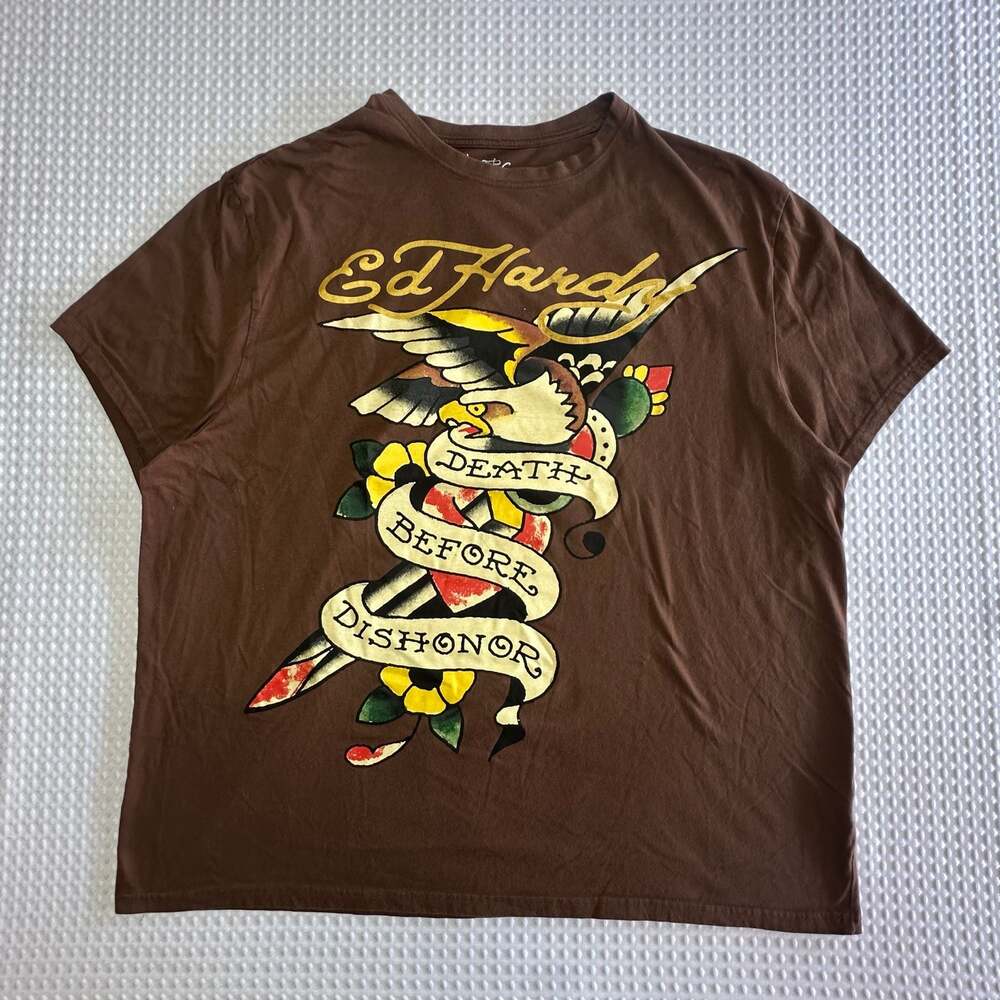 Ed Hardy Death Before Dishonor Eagle Graphic T-Shirt Brown 3X